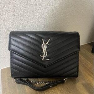 Saint Laurent purse, Black leather, Silver cross-body chain.